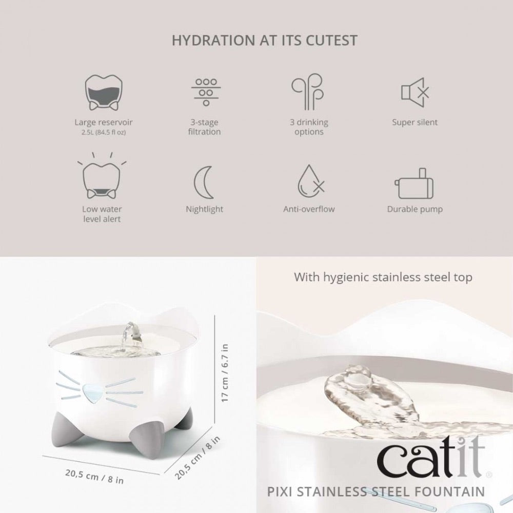 Catit Pixi Drinking Fountain Stainless Steel White 2.5L