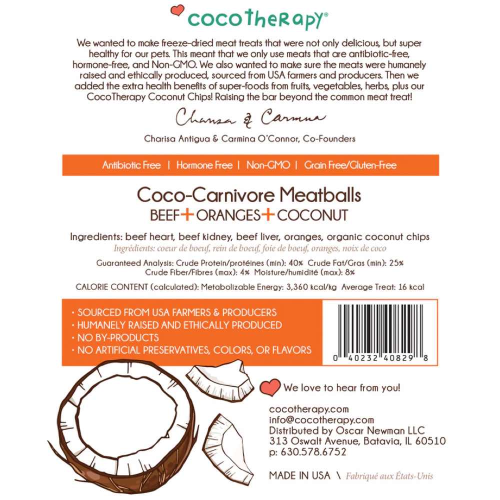 CocoTherapy Coco-Carnivore Meatballs Beef Orange Coconut Freeze-Dried Treats For Cats & Dogs 2.5oz